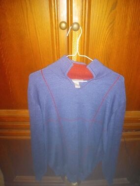 Men's Blue Merino Wool  Sweater with Red Contrast Trim